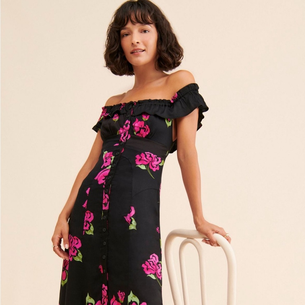 Free People Black and Pink Ruffled A-line Midi Dress